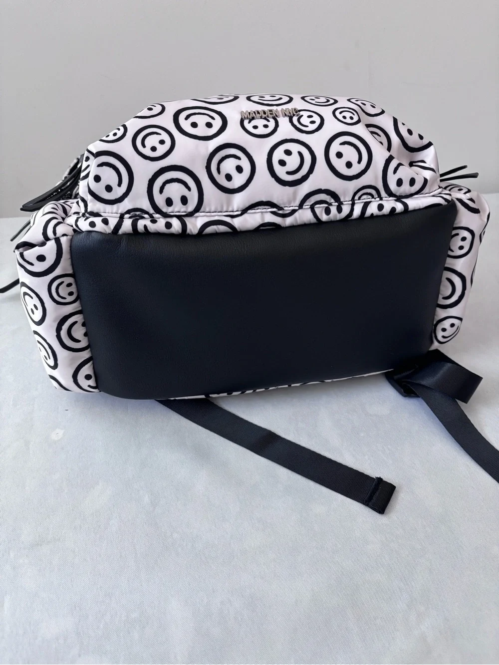 Madden NYC nylon backpacks Smiley Print White & Black Backpack - Designer Style
